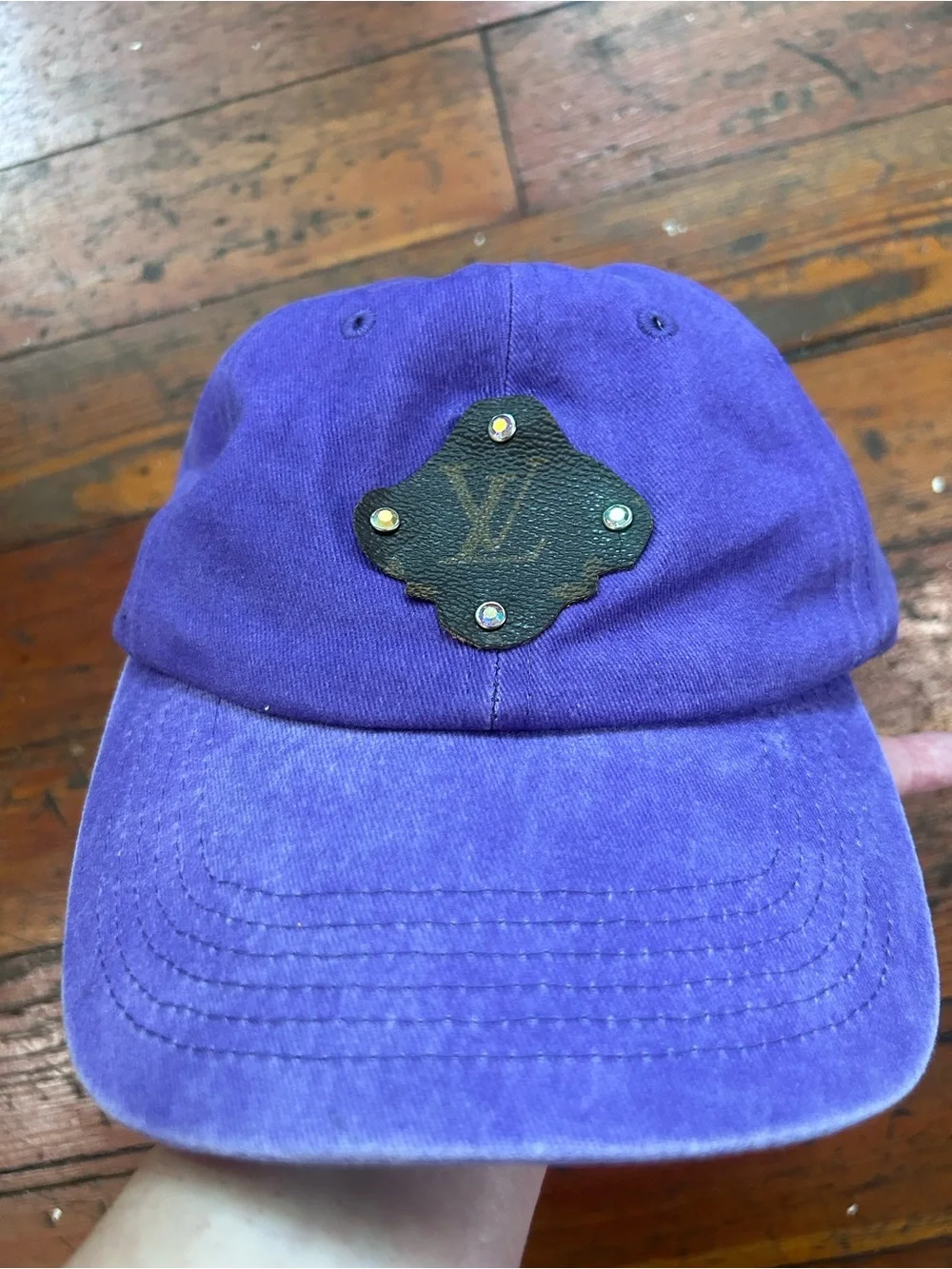 Upcycled distressed Louis Vuitton Purple Baseball Cap with Monogram patch